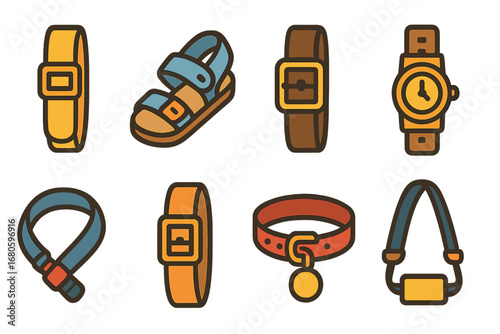 Colorful Strap Icons. Flat vector mini-illustrations adjustable straps in colors children's illustrations: backpack strap, sandal