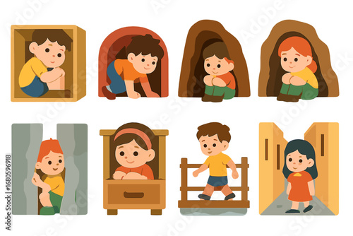 Colorful Tight Spaces. Flat vector mini-illustrations tight spaces in colors children's illustrations: tight box, narrow tunnel,
