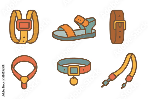 Colorful Strap Icons. Flat vector mini-illustrations adjustable straps in colors children's illustrations: backpack strap, sandal