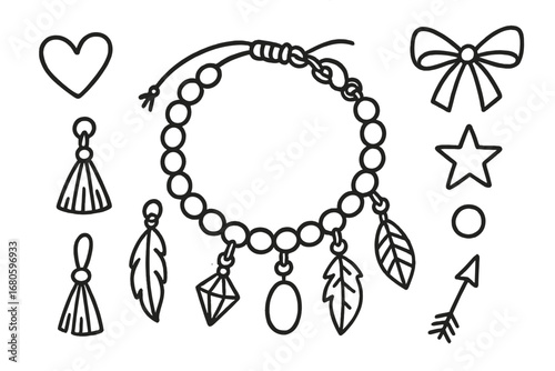 Charm Bracelet Doodles. Hand-drawn doodle illustration bracelet beaded bracelet, charm, clasp, wrist, string, gemstone, heart
