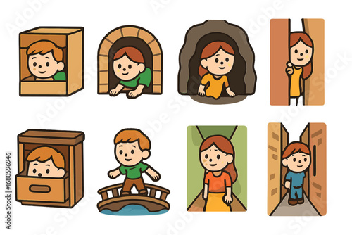 Colorful Tight Spaces. Flat vector mini-illustrations tight spaces in colors children's illustrations: tight box, narrow tunnel,