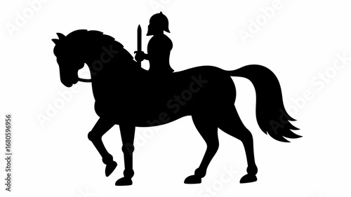 Silhouette of a knight in armor riding a horse and holding a sword in a black and white illustration