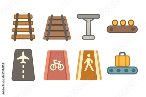Colorful Track Illustrations. Flat vector mini-illustrations transportation tracks in colors children's illustrations: railroad