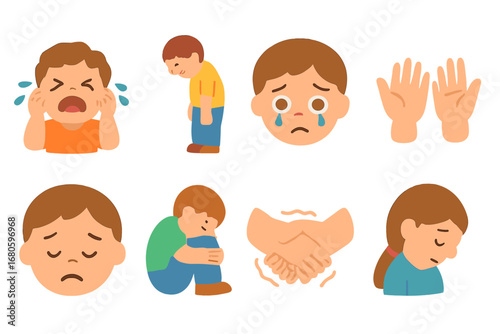 Childhood Emotions Icons. Flat vector mini-illustrations helplessness emotions in colors children's illustrations: crying child,