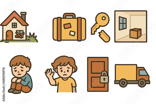 Childhood Farewells. Flat vector mini-illustrations loss of home in colors children's illustrations: abandoned house, packed