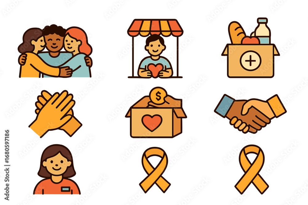 Fototapeta premium Community Support Icons. Flat vector mini-illustrations job loss community support in colors children's illustrations: group hug,