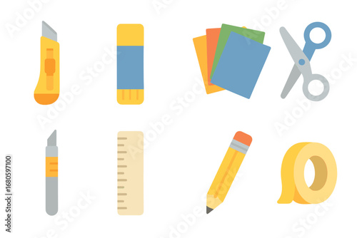 Children's Craft Tools. Flat vector mini-illustrations craft cutting in colors children's illustrations: paper cutter, glue stick,