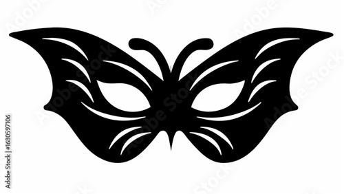 A black butterfly mask with intricate wing designs and eye openings on a white background display