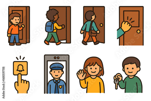Children's Door Activities. Flat vector mini-illustrations entrance activities in colors children's illustrations: person opening