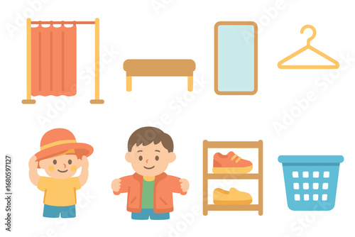 Children's Dressing Room Icons. Flat vector mini-illustrations dressing room in colors children's illustrations: changing room