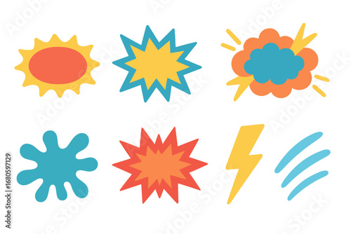 Comic Sound Effects Grid. Flat vector mini-illustrations comic scream effects in colors children's illustrations: POW burst, BAM