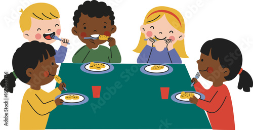 A joyful group of diverse cartoon children enjoying their food, eating together at a school cafeteria or home. Vector illustration of kids friendship and mealtime