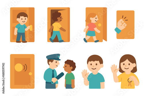 Children's Door Activities. Flat vector mini-illustrations entrance activities in colors children's illustrations: person opening