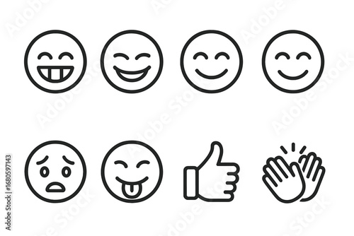 Emotions Icon Grid. Outline icon set of reactions and emotions: giggle, snicker, belly laugh, smile with closed eyes, face with