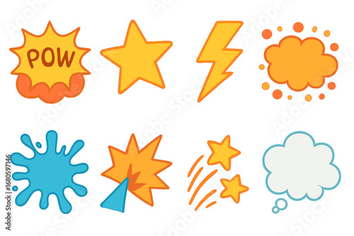 Comic Action Icons. Flat vector mini-illustrations cartoon battle in colors children's illustrations: POW burst, BAM star, WHAM