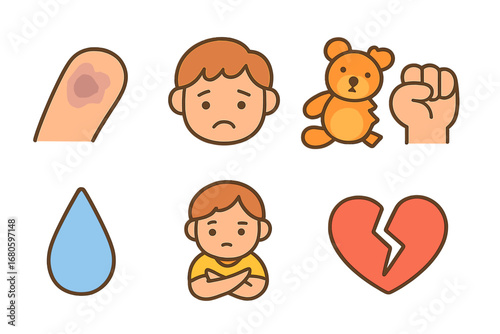 Children's Emotions Icons. Flat vector mini-illustrations abuse signs in colors children's illustrations: bruises, sad face,