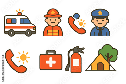 Children's Emergency Icons. Flat vector mini-illustrations emergency response in colors children's illustrations: ambulance,
