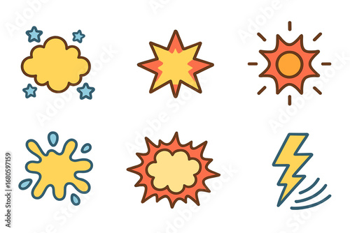 Comic Sound Effects Grid. Flat vector mini-illustrations comic scream effects in colors children's illustrations: POW burst, BAM