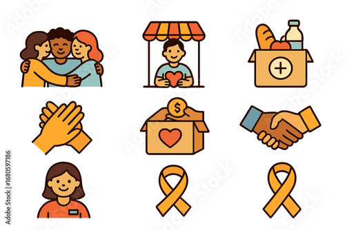 Community Support Icons. Flat vector mini-illustrations job loss community support in colors children's illustrations: group hug,