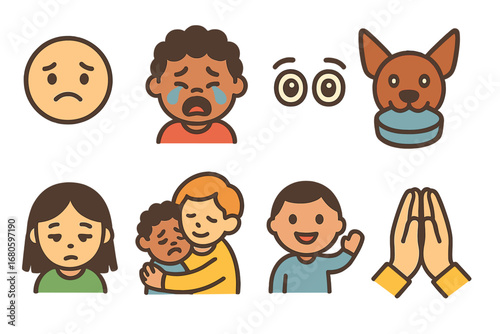 Children's Emotions Icons. Flat vector mini-illustrations hunger and emotions in colors children's illustrations: sad face, crying