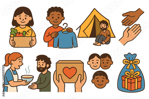 Community Help Icons. Flat vector mini-illustrations poverty and community help in colors children's illustrations: food donation,