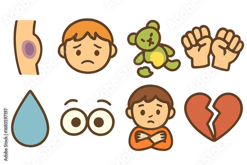 Children's Emotions Icons. Flat vector mini-illustrations abuse signs in colors children's illustrations: bruises, sad face,