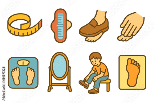 Children's Fitting Icons. Flat vector mini-illustrations fit test in colors children's illustrations: measuring tape, foot