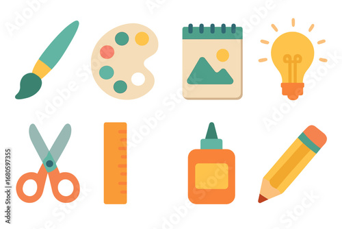 Creative Tools Icons. Flat vector mini-illustrations creative strategy in colors children's illustrations: paintbrush, color