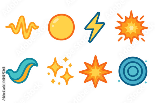 Energetic Icon Grid. Flat vector mini-illustrations energy jolt in colors children's illustrations: electric pulse, glowing orb,