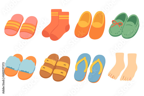 Children's Footwear Icons. Flat vector mini-illustrations indoor footwear in colors children's illustrations: slippers, socks,