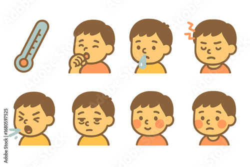 Children's Illness Icons. Flat vector mini-illustrations illness symptoms in colors children's illustrations: fever thermometer,