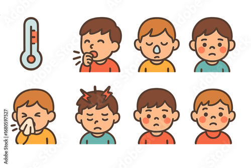 Children's Illness Icons. Flat vector mini-illustrations epidemic symptoms in colors children's illustrations: fever thermometer,