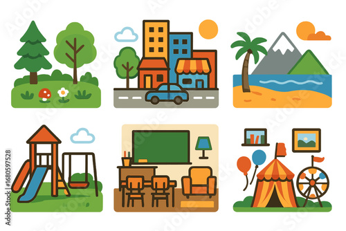 Children's Illustrated Scenes. Flat vector mini-illustrations scene in colors children's illustrations: forest clearing, city