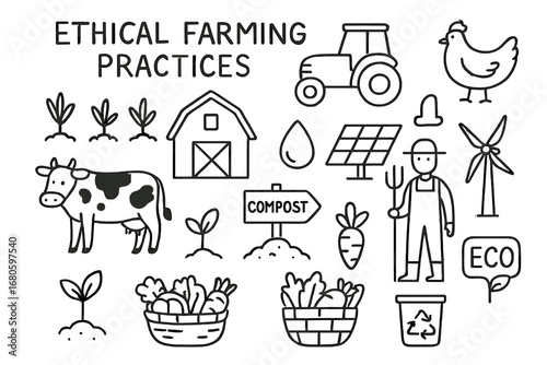 Ethical Farming Doodles. Hand-drawn doodle illustration ethical farming practices farm, tractor, crops, barn, chicken, cow, solar