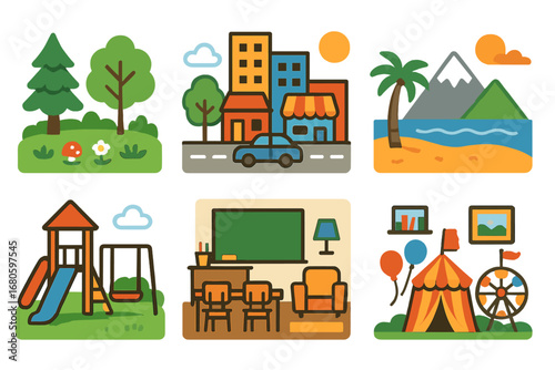 Children's Illustrated Scenes. Flat vector mini-illustrations scene in colors children's illustrations: forest clearing, city