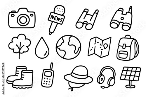 Environmental Reporting Tools. Hand-drawn doodle illustration Environmental reporting camera, microphone, notepad, binoculars,