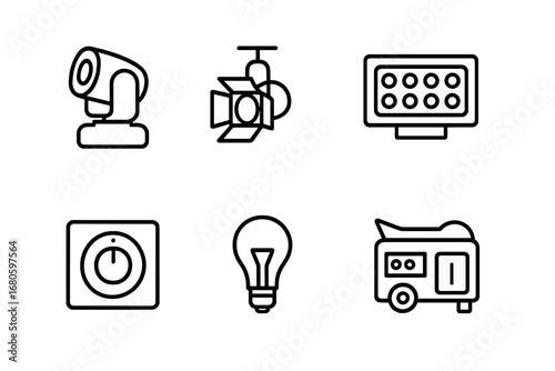 Event and Energy Icons. Outline icon set of event lighting: moving head, spotlight, floodlight, LED panel, dimmer, light bulb,