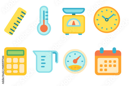 Children's Measurement Tools. Flat vector mini-illustrations unit conversion in colors children's illustrations: ruler,