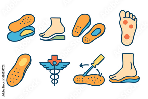 Children's Orthopedic Insoles Icons. Flat vector mini-illustrations orthopedic insoles in colors children's illustrations: custom