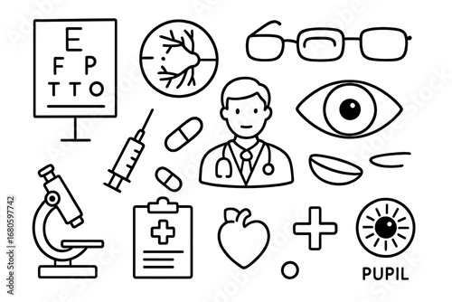 Eye Care Essentials. Hand-drawn doodle illustration retina eye examination eye chart, retina, eye, glasses, contact lens, doctor,