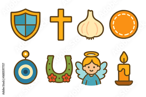 Children's Protective Icons. Flat vector mini-illustrations curse and protection in colors children's illustrations: protective