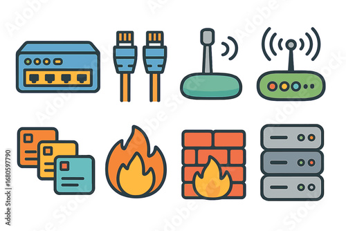 Children's Network Icons. Flat vector mini-illustrations server networking in colors children's illustrations: network switch,