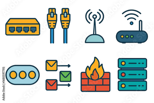 Children's Network Icons. Flat vector mini-illustrations server networking in colors children's illustrations: network switch,