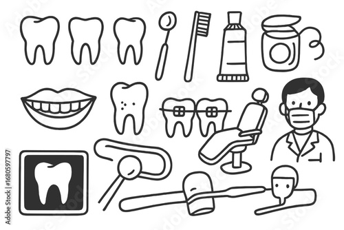 Dental Care Icons. Hand-drawn doodle illustration teeth tooth, molar, incisor, canine, enamel, dental mirror, toothbrush,