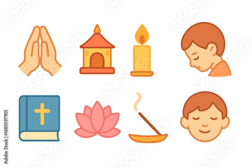 Children's Reverence Icons. Flat vector mini-illustrations reverence in colors children's illustrations: praying hands, temple,