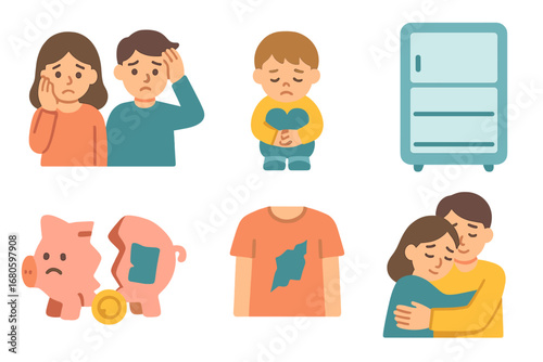 Family Financial Struggles. Flat vector mini-illustrations bankruptcy and family impact in colors children's illustrations: