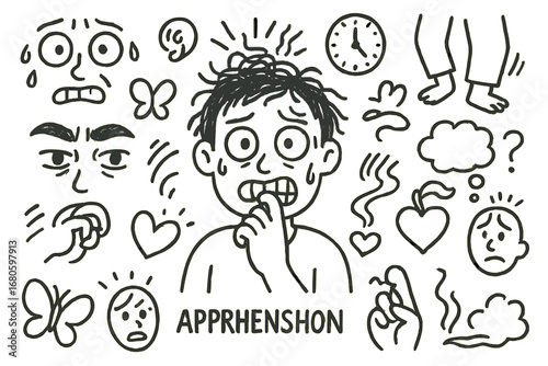 Doodle Icons Collage. Hand-drawn doodle illustration apprehension wide eyes, sweating face, clenched jaw, biting nails, shaking