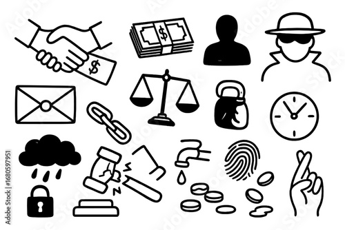 Doodle Corruption Symbols. Hand-drawn doodle illustration bribery and corruption shaking hands, money bills, sealed envelope,