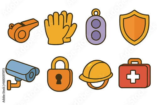 Children's Safety Tools. Flat vector mini-illustrations abuse and safety tools in colors children's illustrations: safety whistle,