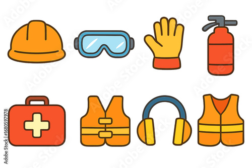 Children's Safety Equipment Icons. Flat vector mini-illustrations safety equipment in colors children's illustrations: helmet,